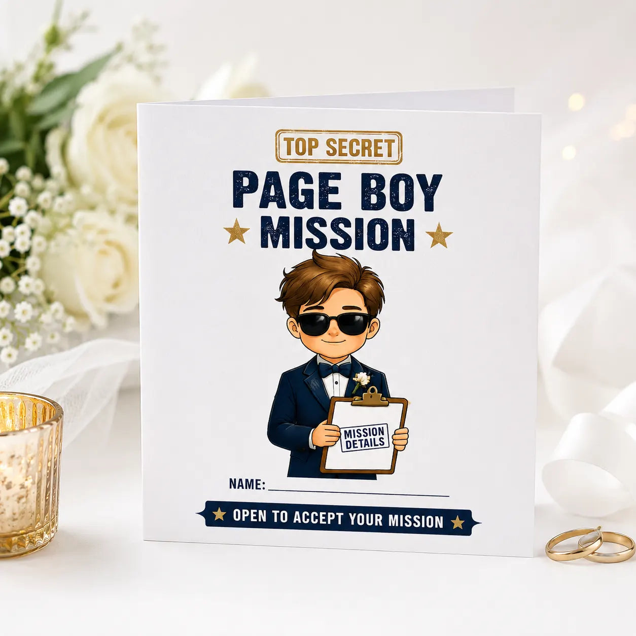 Square white personalised Page Boy Mission proposal card standing upright on a white table with wedding decorations, white roses, candlelight and wedding rings in the background. The front features a secret mission theme with a page boy illustration and personalised name section.