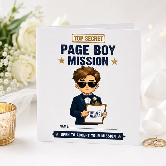 Square white personalised Page Boy Mission proposal card standing upright on a white table with wedding decorations, white roses, candlelight and wedding rings in the background. The front features a secret mission theme with a page boy illustration and personalised name section.