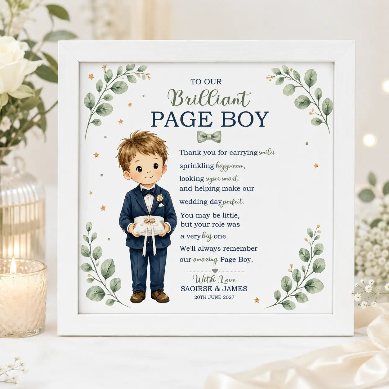 Personalised page boy wedding thank you print in white wooden frame featuring page boy illustration and personalised names