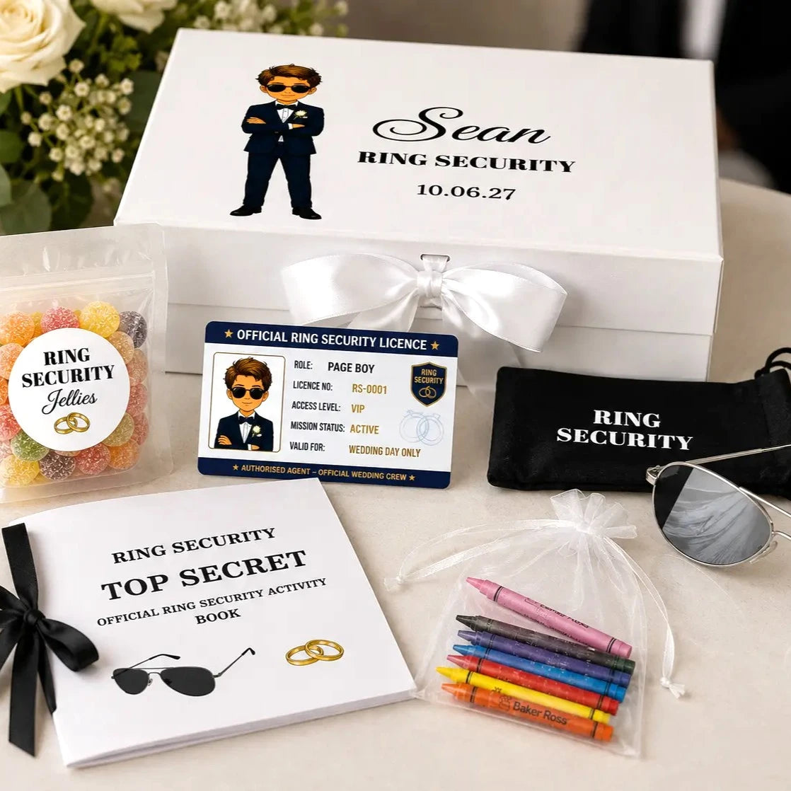 Personalised page boy ring security gift set including keepsake box, security ID card, sunglasses, activity book, crayons and jellies for a wedding day gift