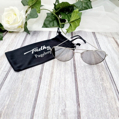 Black personalised page boy sunglasses customised with a child's name for a wedding day gift and keepsake