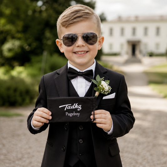 Young page boy wearing personalised aviator-style sunglasses and holding a custom black sunglasses case with his name printed on it, standing outdoors at a wedding venue in a formal black suit.