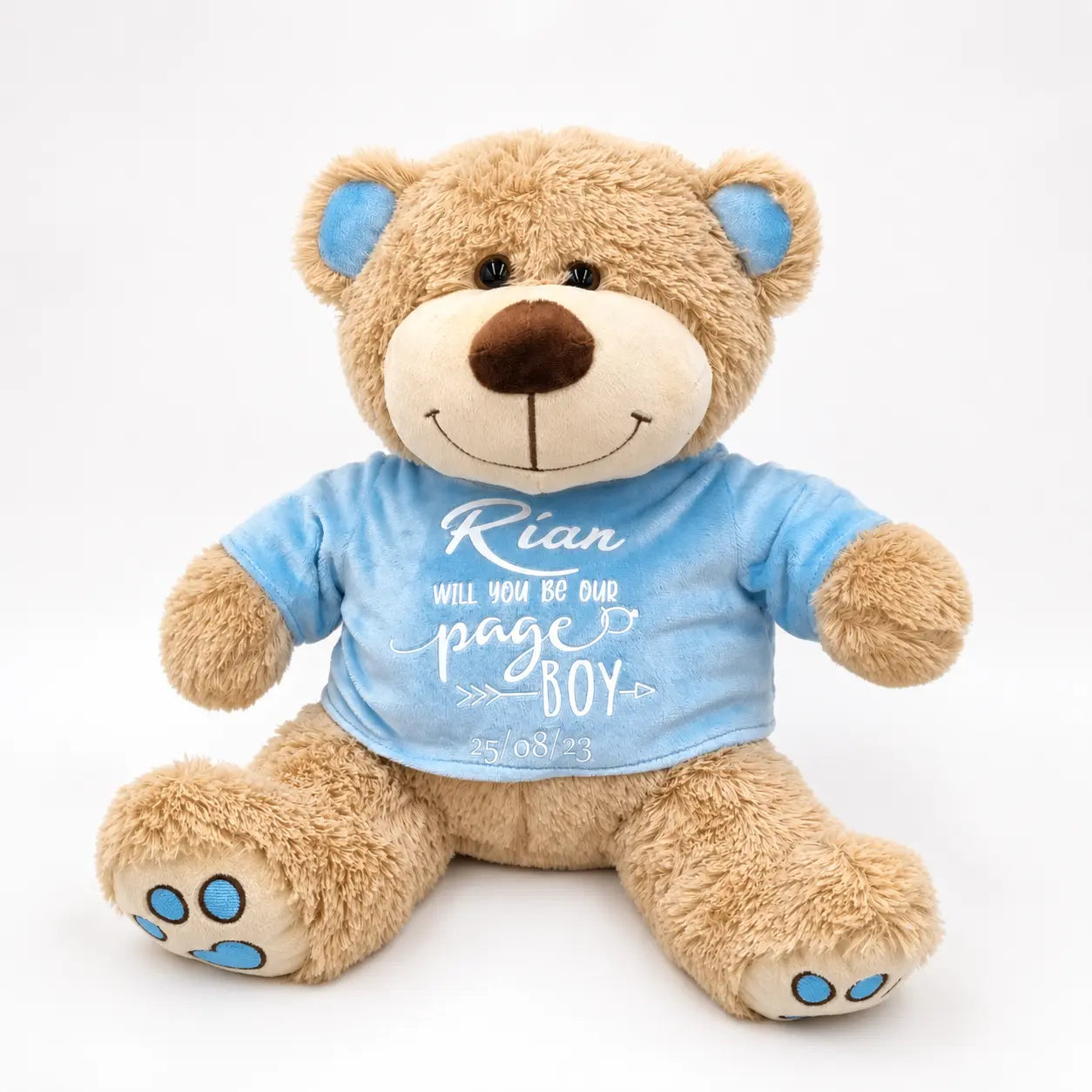 Personalised Page Boy teddy bear with blue printed t-shirt personalised for a wedding proposal or thank you gift
