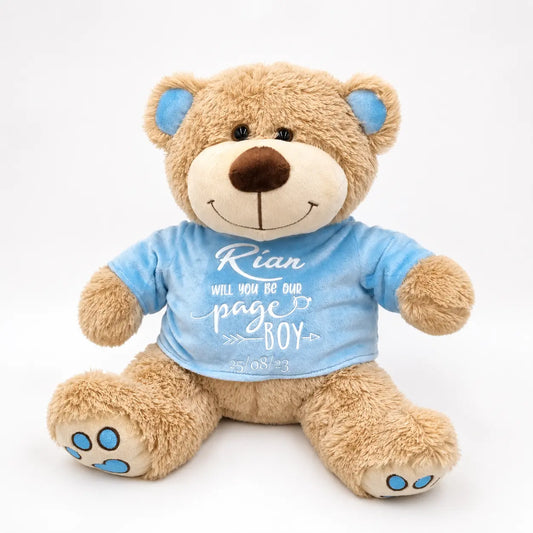 Personalised Page Boy teddy bear with blue printed t-shirt personalised for a wedding proposal or thank you gift