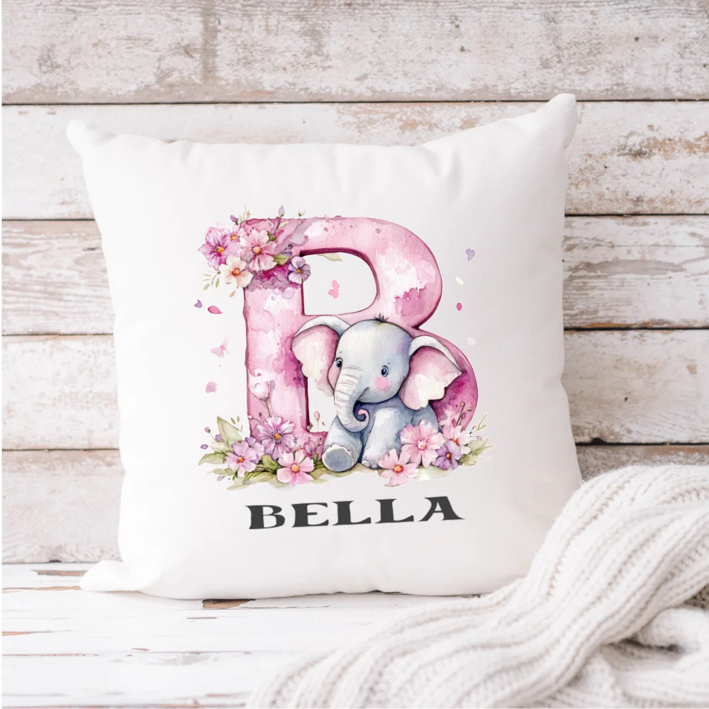 Personalised baby initial cushion with pink floral letter and cute elephant – custom name pillow handmade in Ireland by HanaLee Studios