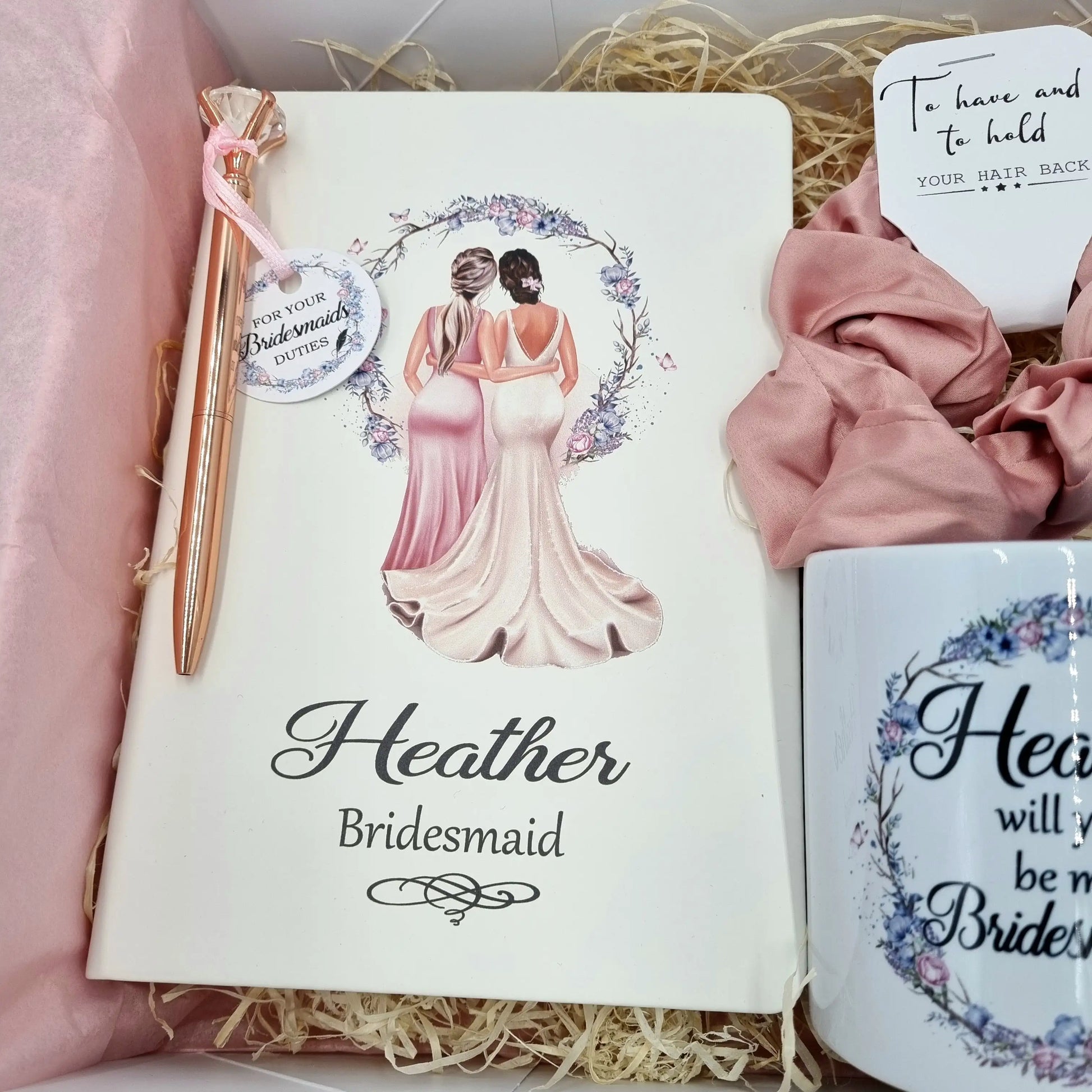 Personalised bridesmaid proposal notebook with pen in gift set 