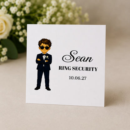 Personalised ring security greeting card with child's name and wedding date for a page boy gift