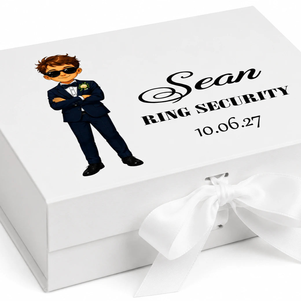 Personalised Ring Security gift box for page boy featuring custom name and wedding date printed on a white keepsake box with ribbon closure