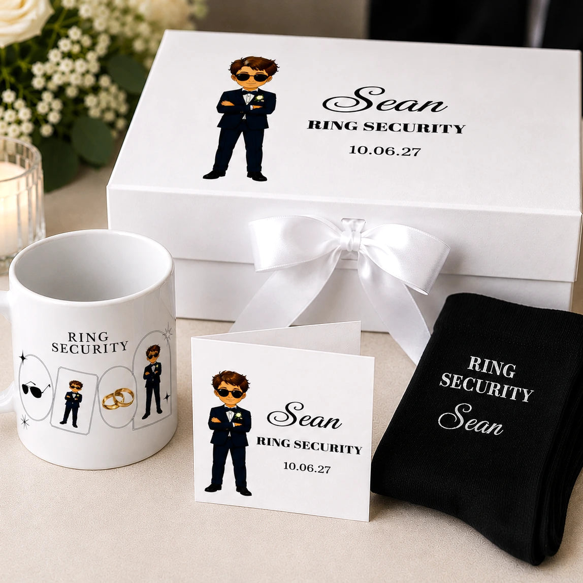 Personalised ring security gift box for page boys featuring keepsake box, mug, personalised socks and matching wedding card
