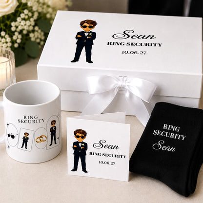 Personalised ring security gift box for page boys featuring keepsake box, mug, personalised socks and matching wedding card