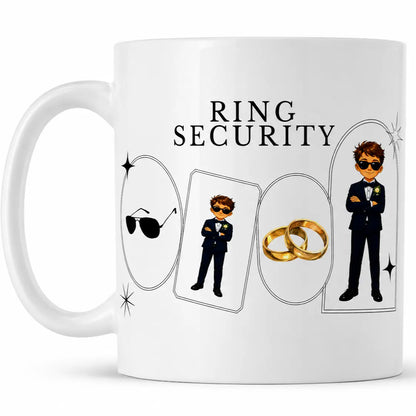 Personalised ring security mug featuring page boy wedding design and ring bearer artwork