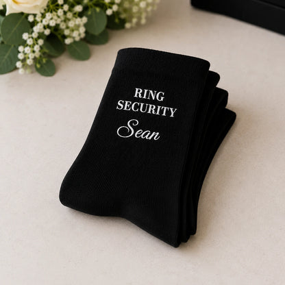 Personalised black ring security socks embroidered with child's name for page boys and ring bearers