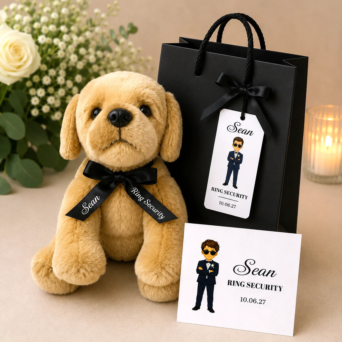 Personalised Ring Security Teddy Gift Set featuring teddy bear, personalised gift bag, matching tag and card for a page boy wedding gift