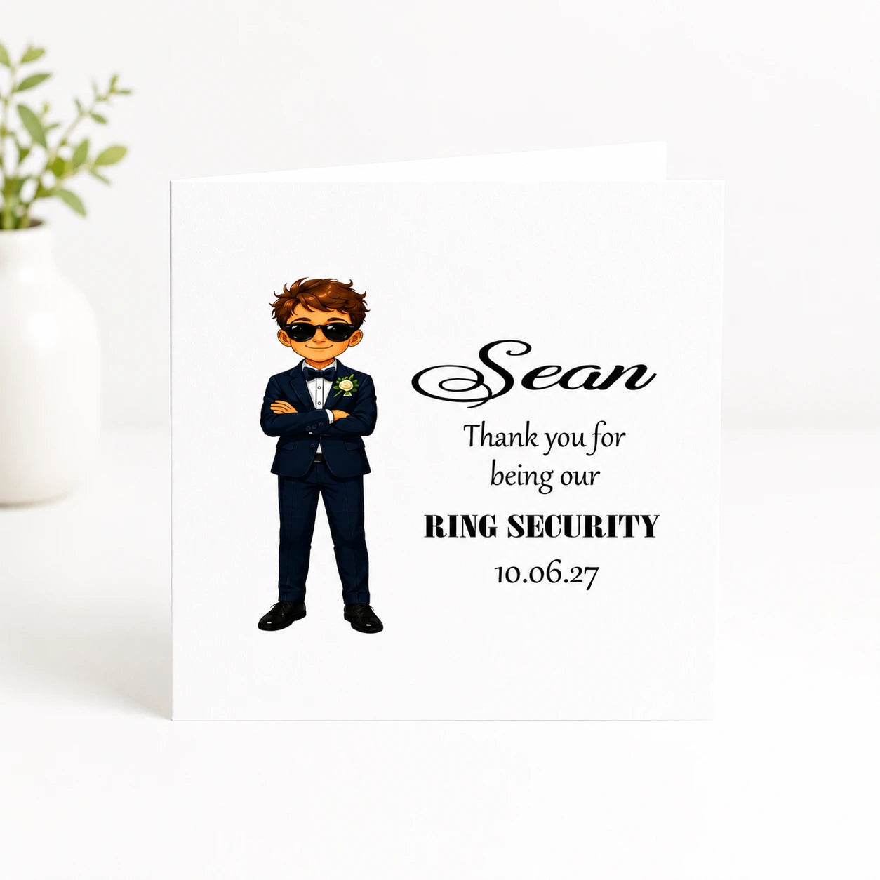 Personalised Ring Security thank you card for page boy featuring custom name and wedding date, wedding keepsake gift printed in Ireland
