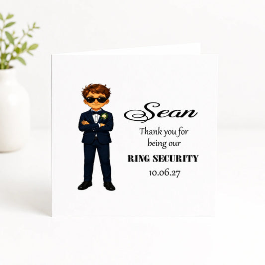 Personalised Ring Security thank you card for page boy featuring custom name and wedding date, wedding keepsake gift printed in Ireland