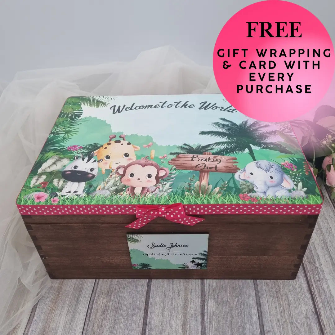 Personalised safari design baby keepsake box with jungle animals, baby name and birth details, ideal as a new baby or christening gift