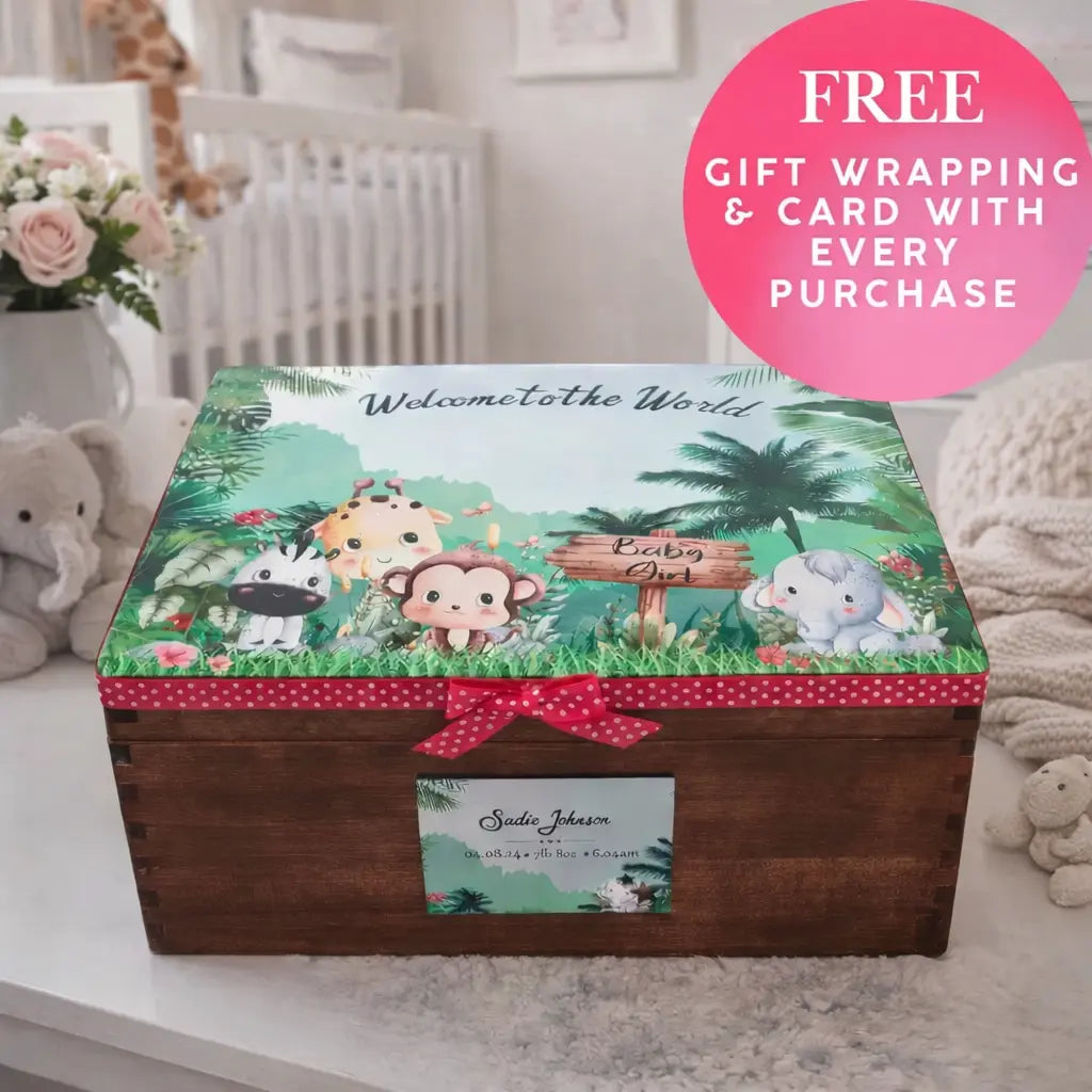 Personalised safari baby keepsake memory box on nursery table with free gift wrapping and card offer Ireland