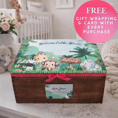 Personalised safari baby keepsake memory box on nursery table with free gift wrapping and card offer Ireland