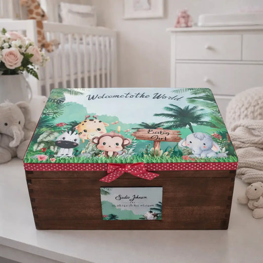 Personalised safari baby keepsake memory box displayed on nursery table, custom newborn gift Ireland