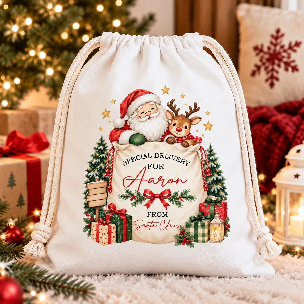 Personalised white drawstring Santa sack with child’s name, Santa, reindeer and Christmas presents