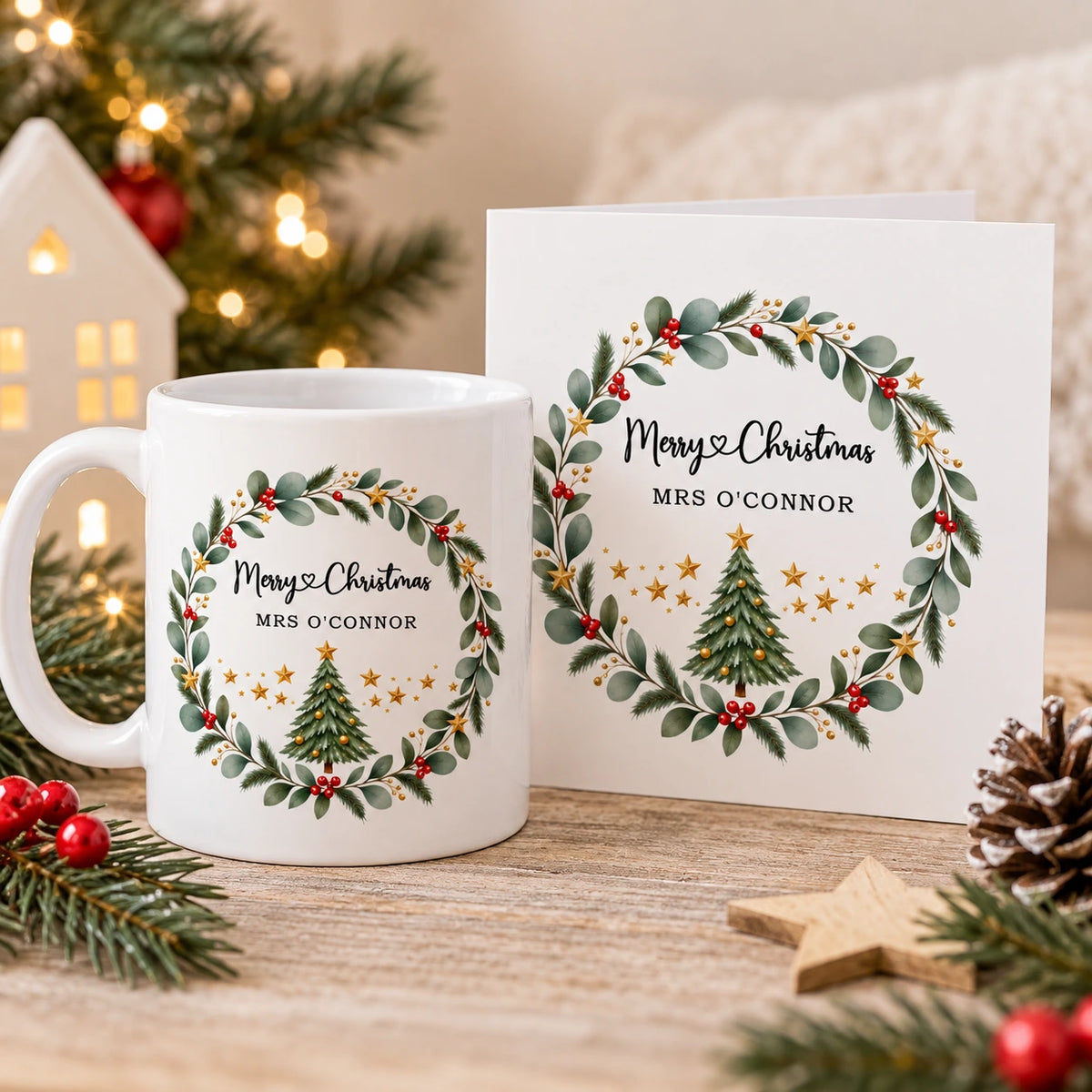 Personalised teacher Christmas mug with matching thank-you card, printed in Co. Meath, Ireland