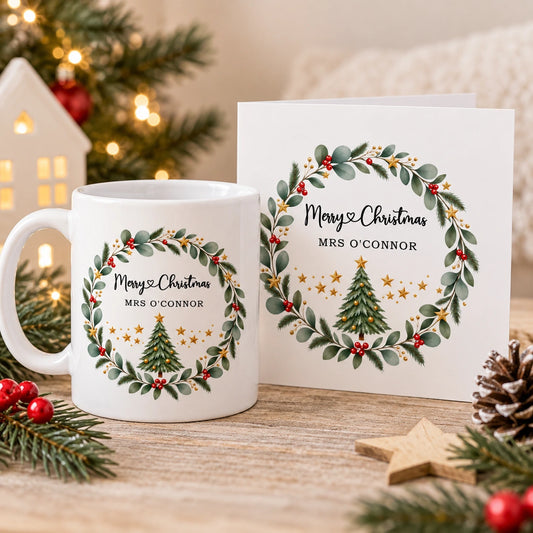 Personalised teacher Christmas mug with matching thank-you card, printed in Co. Meath, Ireland
