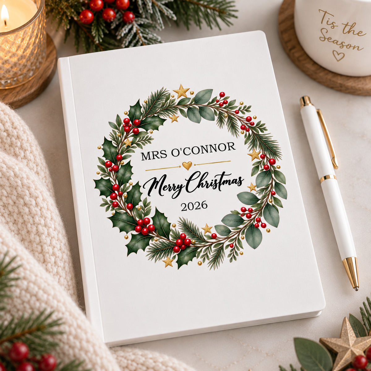 Personalised teacher Christmas notebook with festive holly wreath and teacher name, made in Ireland