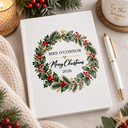 Personalised teacher Christmas notebook with festive holly wreath and teacher name, made in Ireland