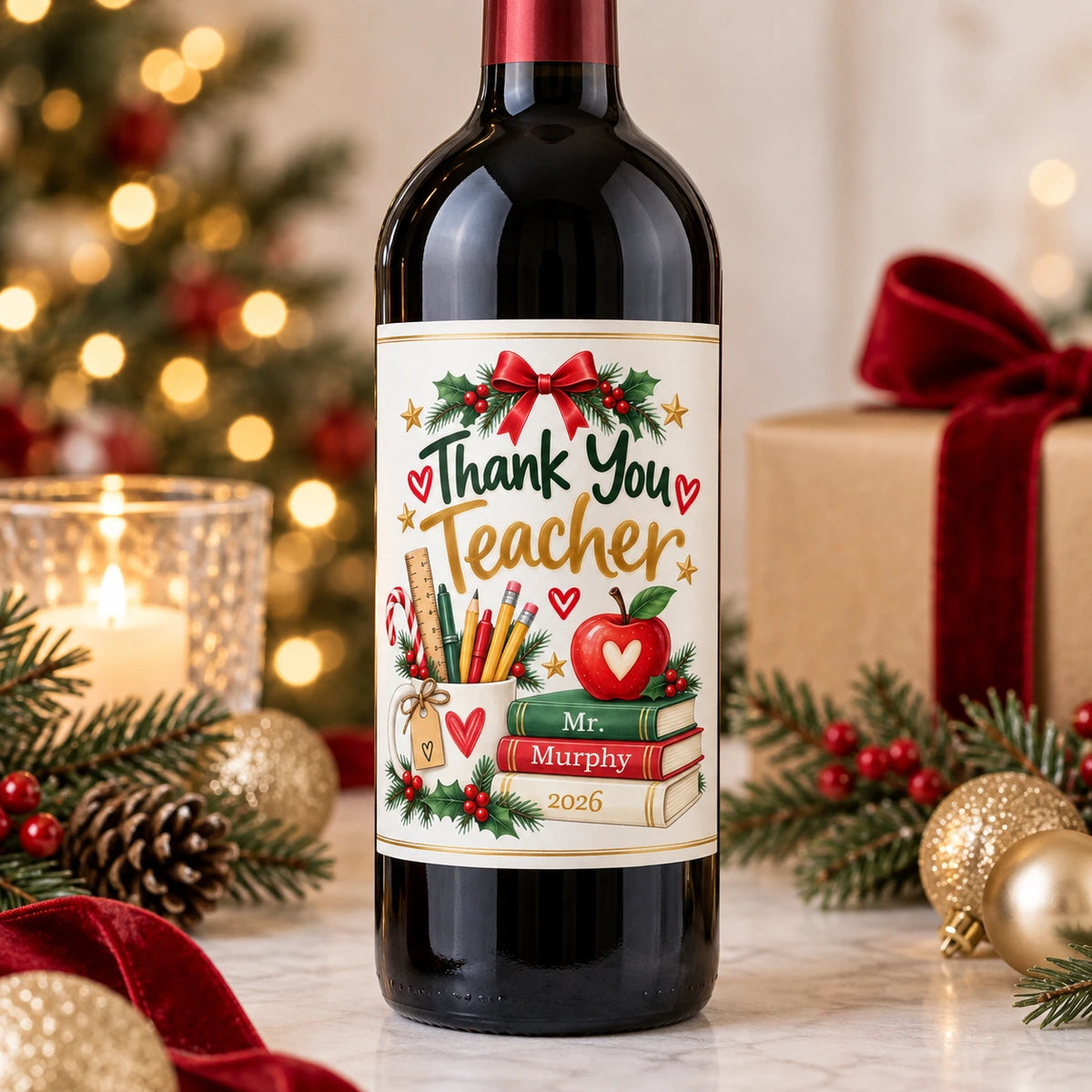 Personalised teacher Christmas wine bottle label with Mr Murphy name and festive teacher design, handmade in Ireland