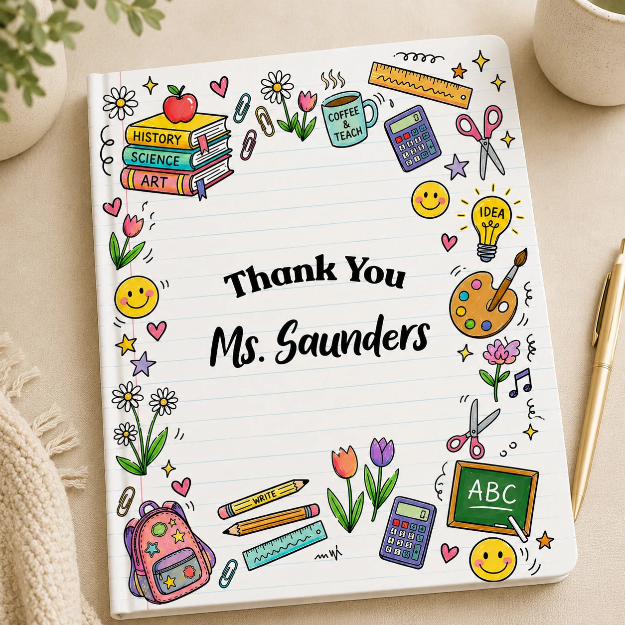 Personalised colourful teacher notebook with school themed design and custom teacher name printed in Ireland