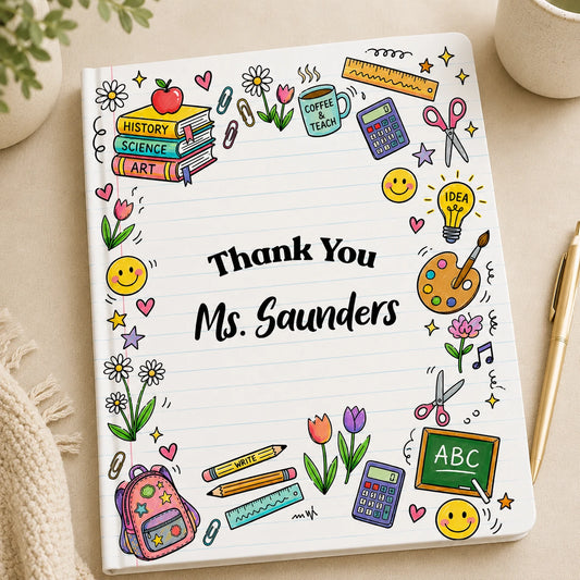 Personalised colourful teacher notebook with school themed design and custom teacher name printed in Ireland