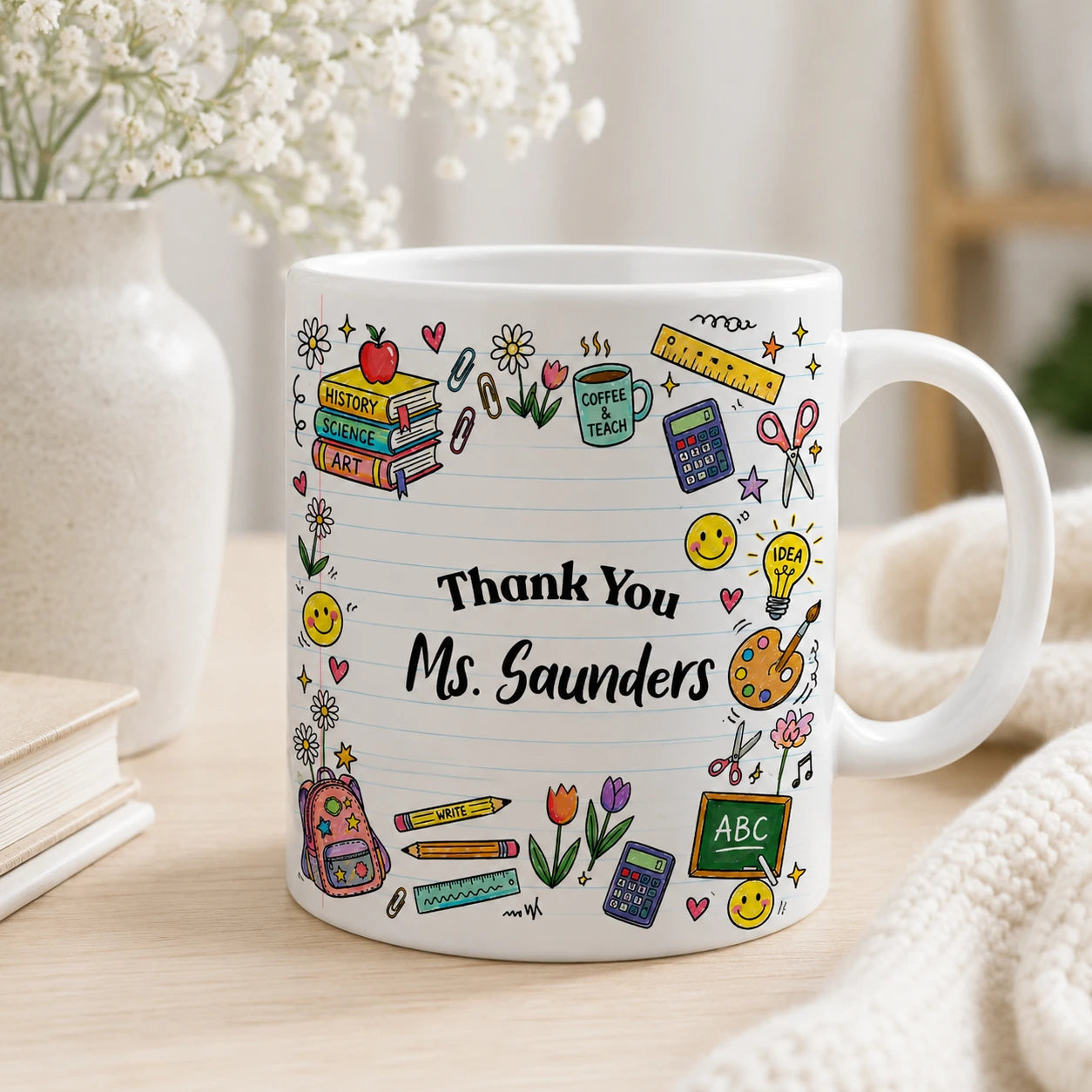 White personalised teacher appreciation mug with colourful school themed design and custom teacher name printed in Ireland