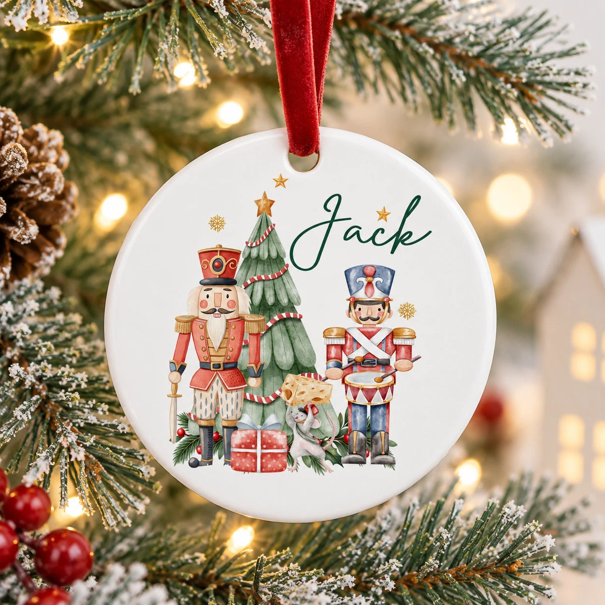 Personalised ceramic Christmas decoration with name Jack, traditional Nutcrackers, Christmas tree and presents