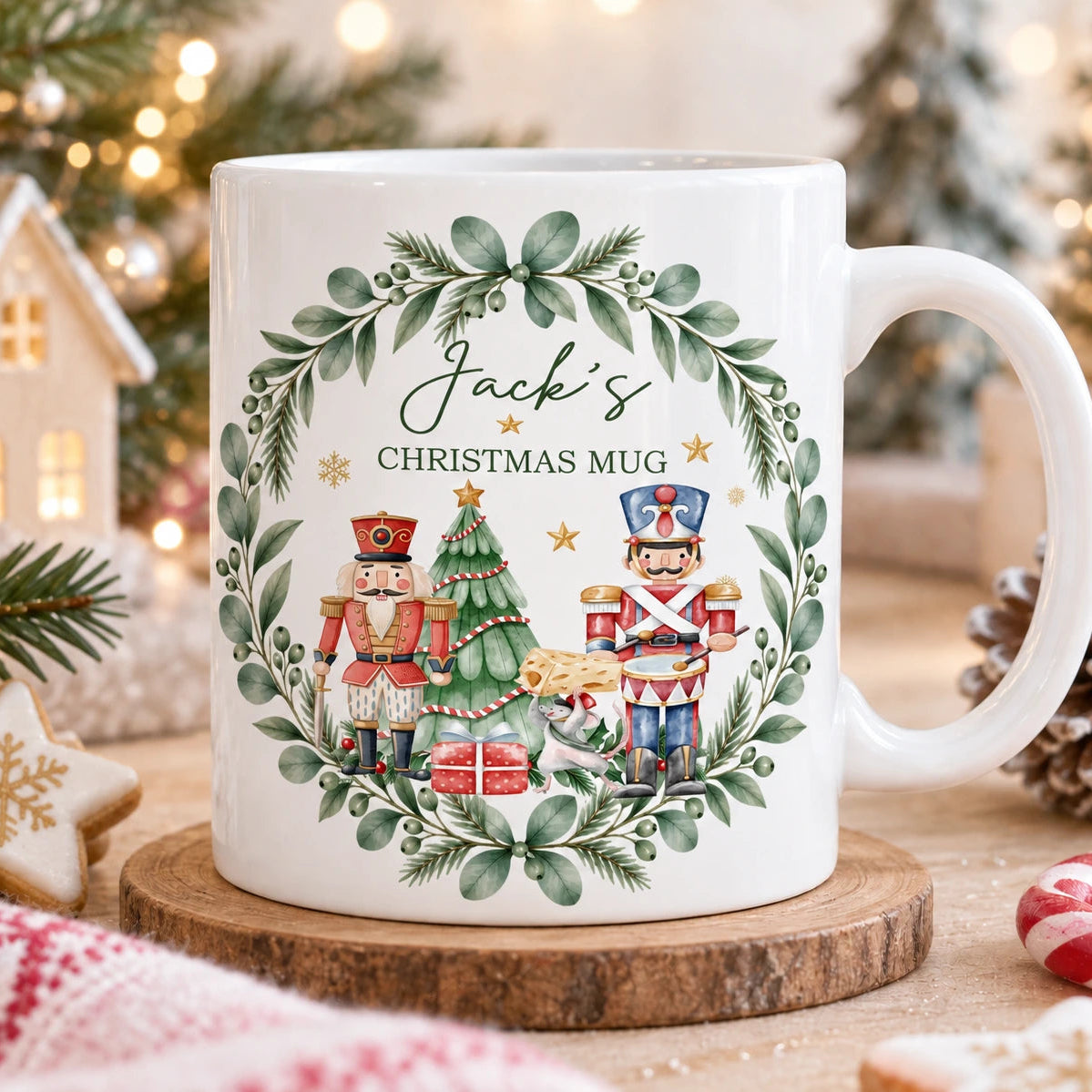 Personalised children’s Christmas mug with name Jack, traditional Nutcrackers, Christmas tree and festive greenery