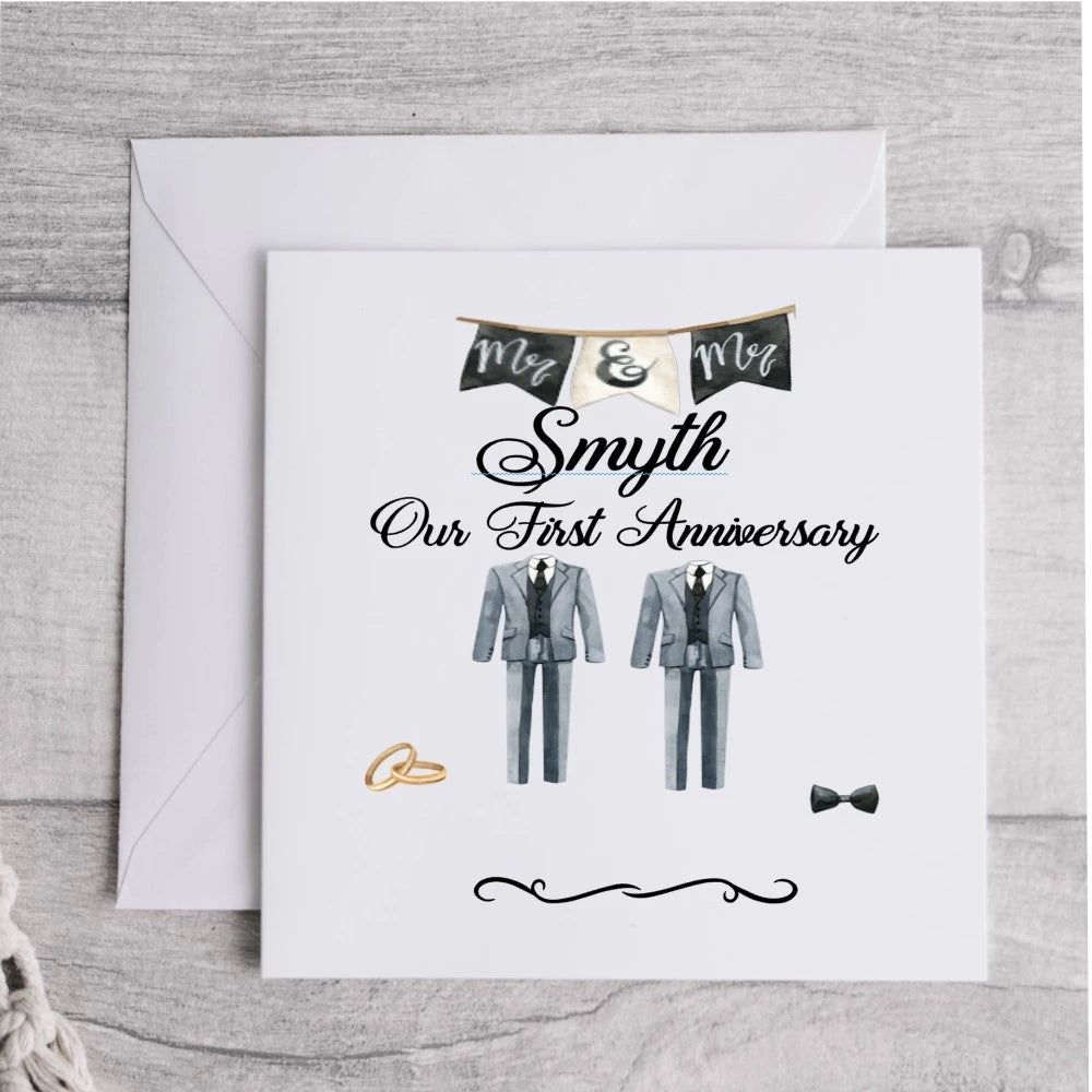 Personalised groom and groom wedding anniversary table card with surname Smyth, Mr & Mr banner, grey suits and gold wedding rings from HanaLee Studios Ireland