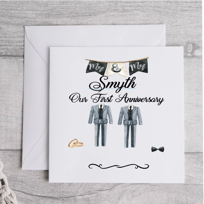 Personalised groom and groom wedding anniversary table card with surname Smyth, Mr & Mr banner, grey suits and gold wedding rings from HanaLee Studios Ireland