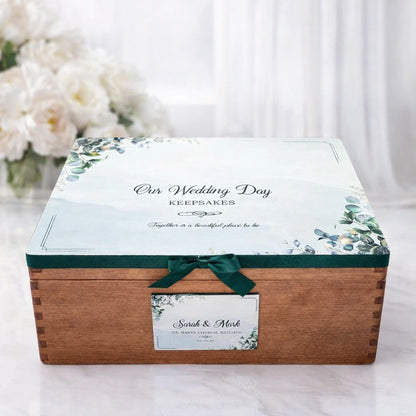 Personalised wooden wedding keepsake box with floral lid design and green ribbon, custom names and date, Irish made wedding memory box by HanaLee Studios Co. Meath