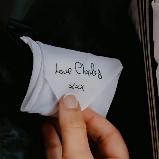 Large personalised white wedding memorial handkerchief printed with loved one's handwriting and personalised satin ribbon