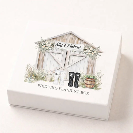 White personalised wedding planning keepsake box featuring a rustic barn illustration with couple names, ideal engagement or wedding gift, Irish made