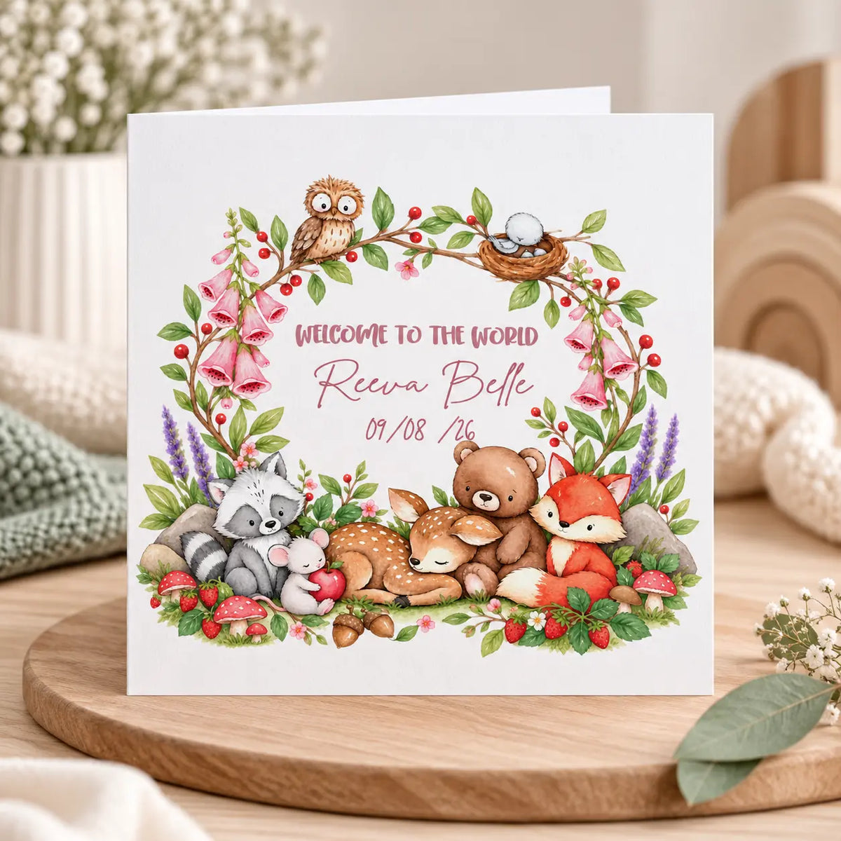Personalised 6x6 inch Welcome to the World baby card with name, birth date and pink woodland animals including fox, deer, bear and owl.