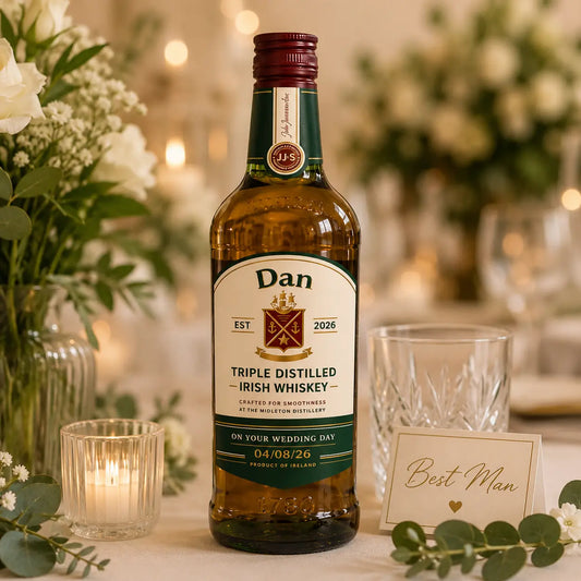 Personalised whiskey bottle with custom wedding label displayed in an elegant wedding setting, ideal as a best man, groom or groomsman gift in Ireland.