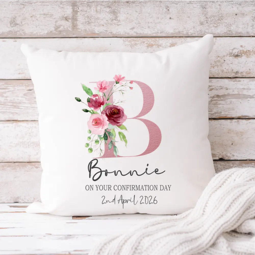 Personalised white velvet Confirmation Day cushion with floral initial, name and date – Irish made keepsake gift