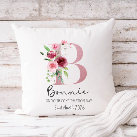 Personalised white velvet Confirmation Day cushion with floral initial, name and date – Irish made keepsake gift