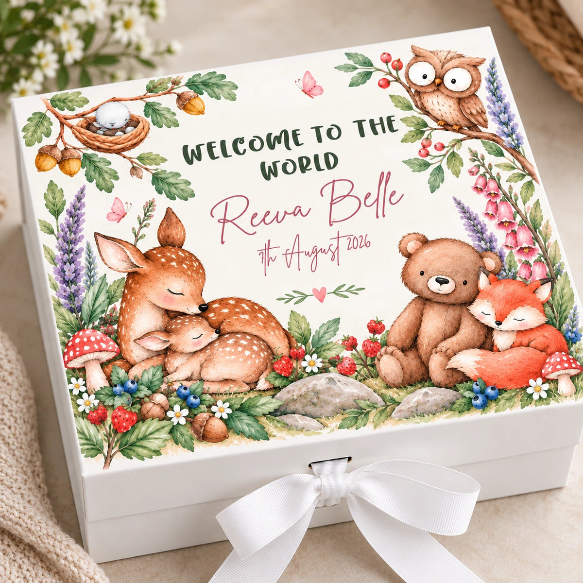 White personalised baby keepsake box with woodland deer, fox, owl and teddy bear illustrations, baby's name and birth date, finished with a white ribbon.