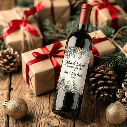 Personalised Christmas wine bottle label with festive red berry wreath design, customisable with names and text, shown on a wine bottle surrounded by Christmas gifts and pinecones.