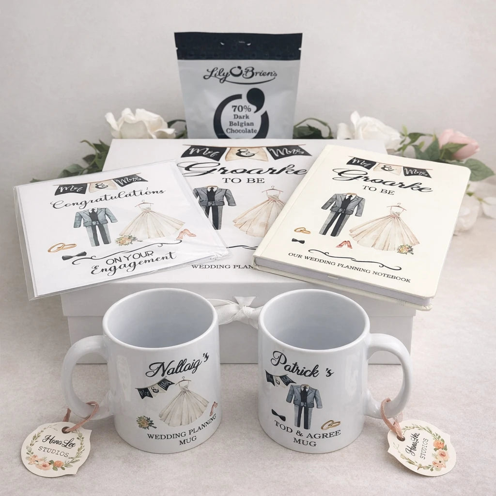 Personalised engagement gift set with keepsake box, mugs, chocolates, notebook and card. 