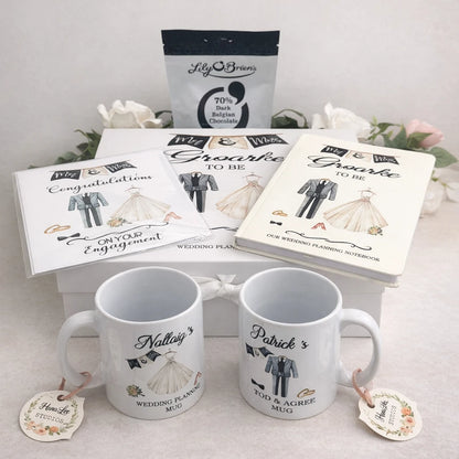 Personalised engagement gift set with keepsake box, mugs, chocolates, notebook and card. 