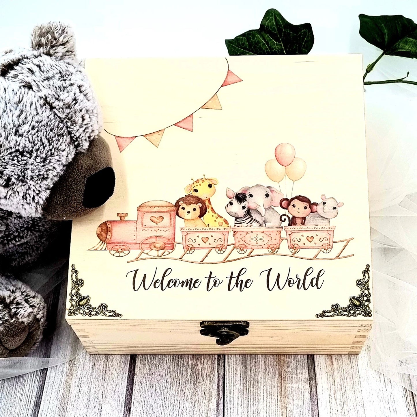 Animal Train personalised wooden baby box with design of pink train with baby animals. 