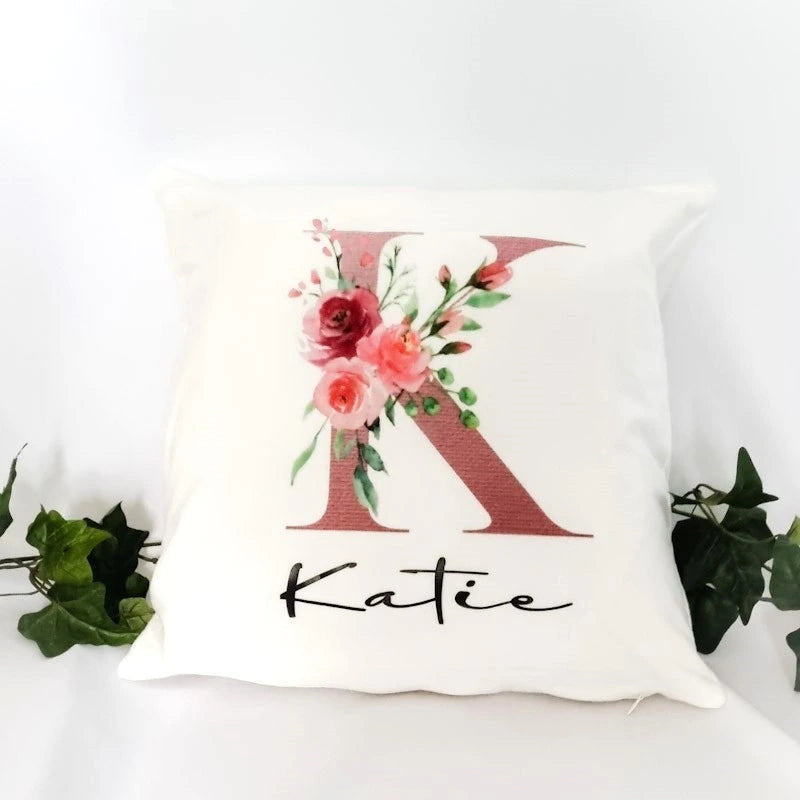 Pink Initial design white velvet cushion from hanalee studios