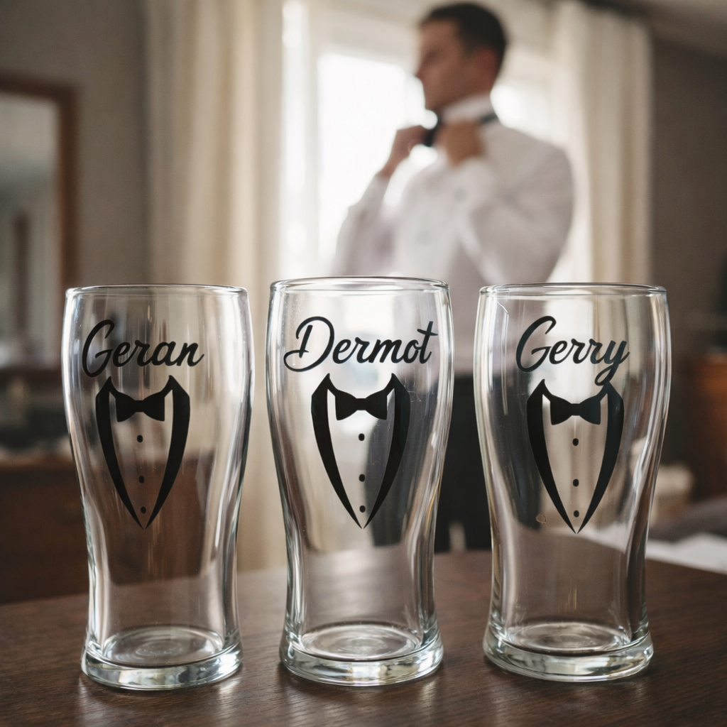 Three personalized glass pints with names and tuxedo designs on a table, with a blurred person in the background.